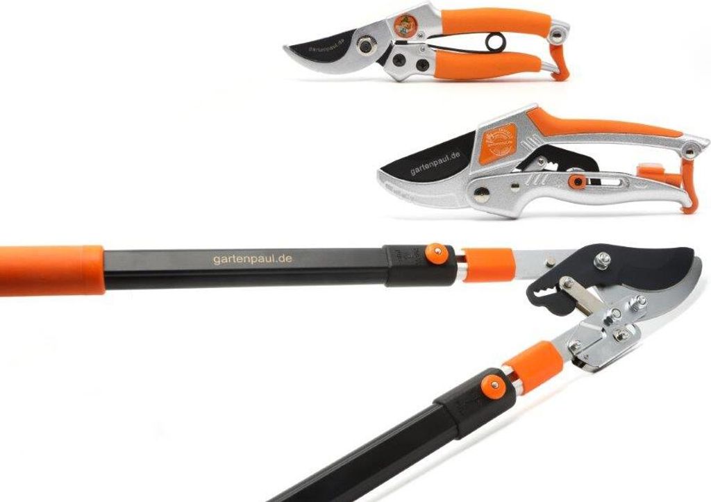 Gartenpaul 3er-Gartenscheren-Set - Teleskop Astschere Bypass + Hybrid Gartenschere Ratsche 2.0 + Lady-Gartenschere für präzise Schnitte