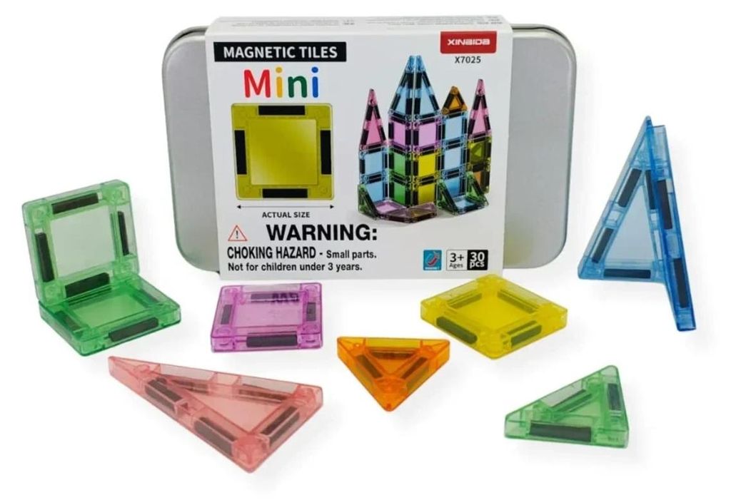 Magnetische Mini-Bausteine 30 Teile in Metalldose – Magnetic Mini Tiles (ABS-Kunststoff, 7 Farben, 16 Quadrate + 14 Dreiecke) – ab 3 Jahren, CE...