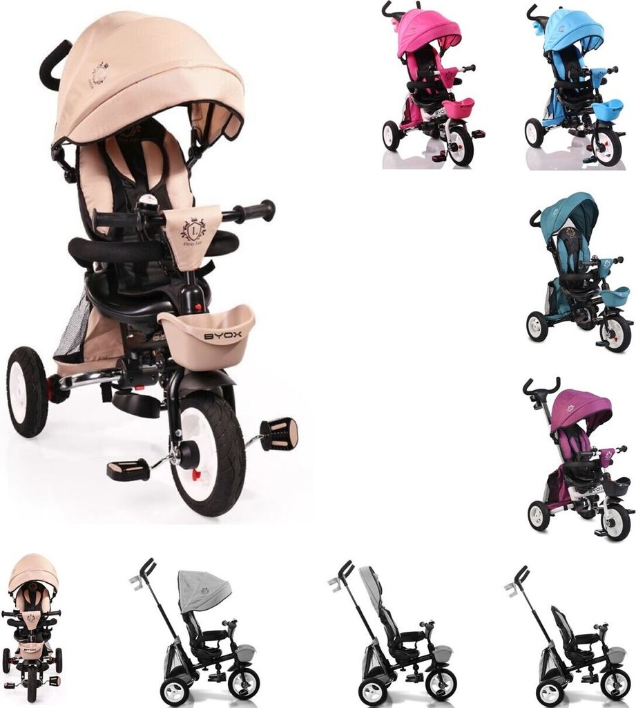 Byox Tricycle Flexy Lux 3 in 1 Dreirad, klappbar, Gummireifen, drehbarer Sitz beige