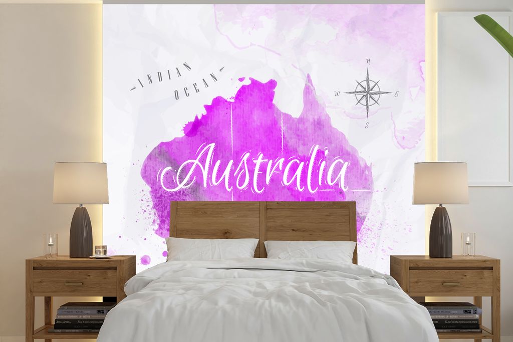 MuchoWow Fototapete für Wohnzimmer oder Schlafzimmer Wandtapete Vinyl Motivtapete Weltkarte - Australien - Rosa - 350x350 cm - Schlafzimmertapete