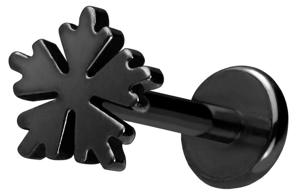 Ohrpiercing, Nasenpiercing Titan Labret mit Push Fit SCHNEEFLOCKE Schwarz Stablänge: 10mm | Stabstärke: 1mm