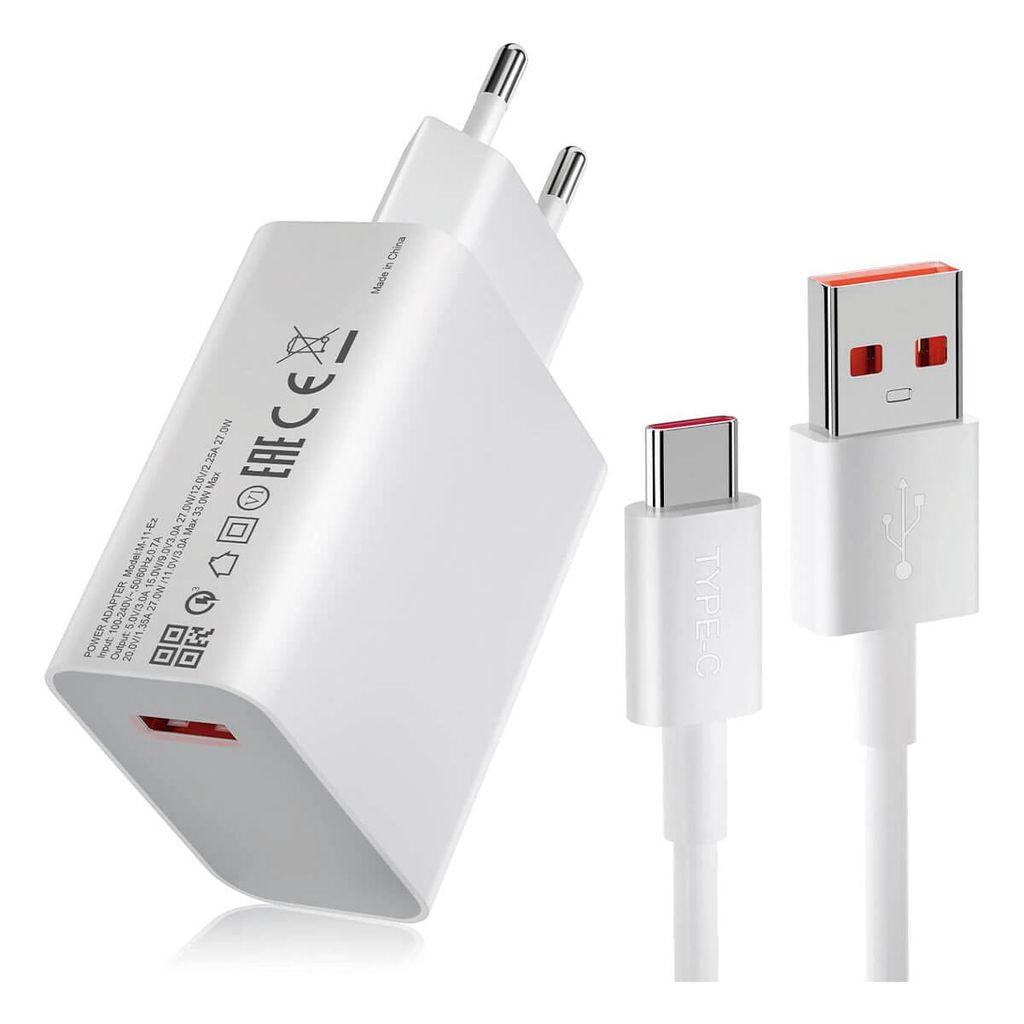 A white Xiaomi 33W USB-A charger with a white USB-C cable is displayed on a white background.