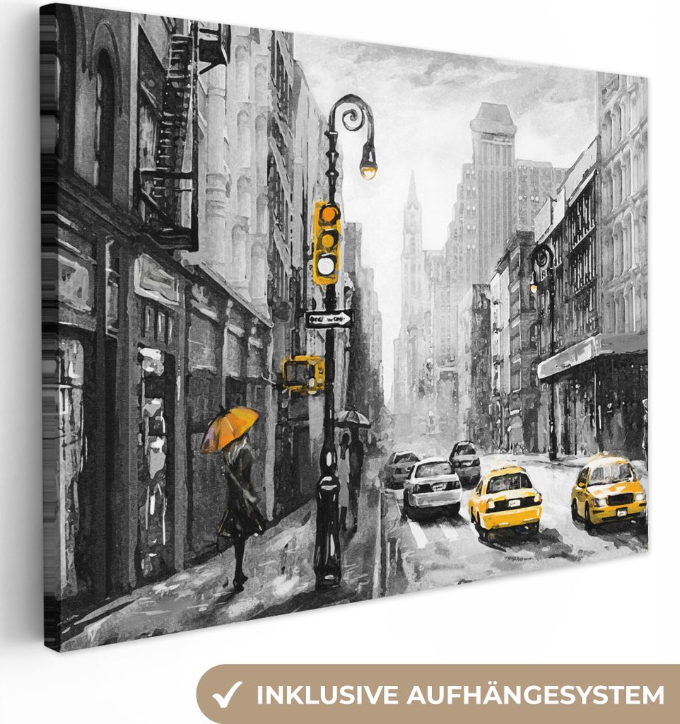 MuchoWow - Leinwandbilder - Gemälde - Ölfarbe - Stadt - Auto, Wandbild, Wanddeko Bilder Wohnzimmer, 80x60 cm
