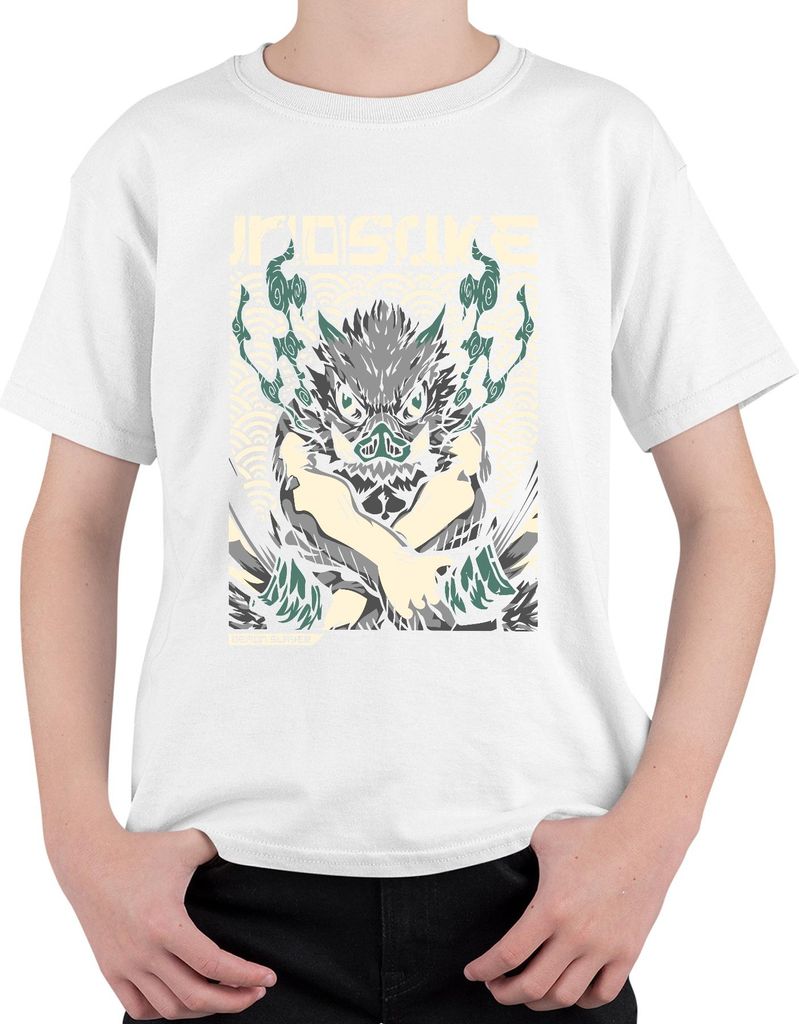 Inosuke Demon Slayer Wildschwein Maske Anime Geschenk Japan Y2K Streetwear Uni Kinder T-Shirt, Weiß, 140