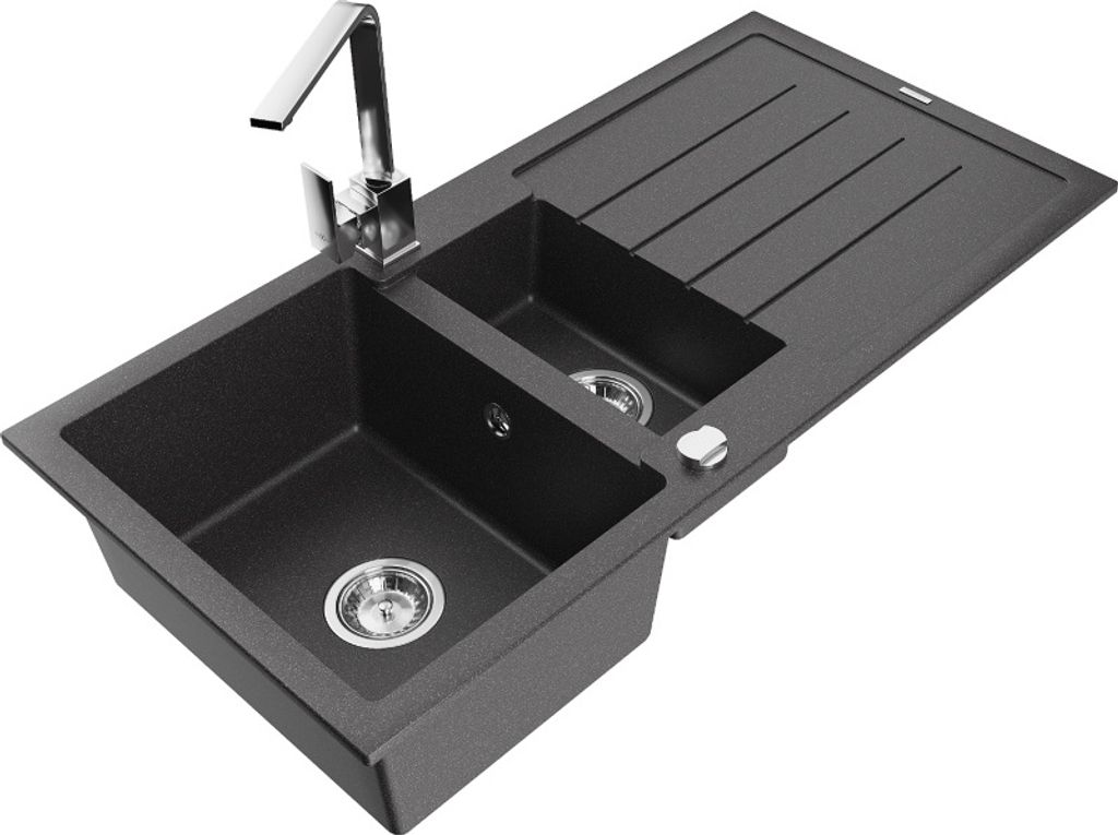 Mexen Andres 1,5-Becken-Granitspüle mit Abtropffläche und Mischbatterie Rita, Schwarz gesprenkelt - 6515-76-670300-00