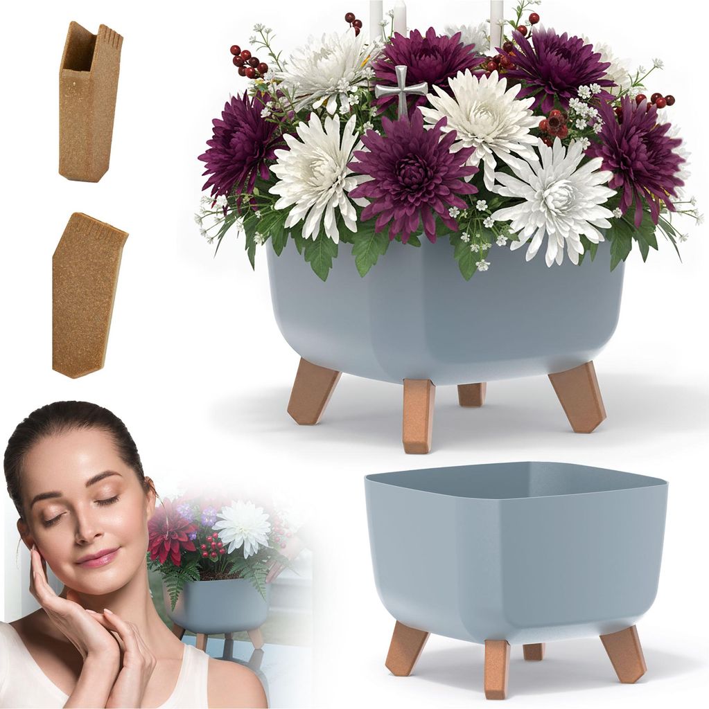 Blumentopf für den Friedhof Dekotopf auf Beinen Blumen Grau 24 cm