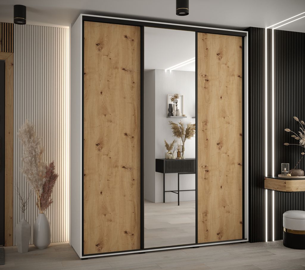 Kleiderschrank ASIRI 3 – 190/45 cm, weiß/Eiche handwerklich/schwarz