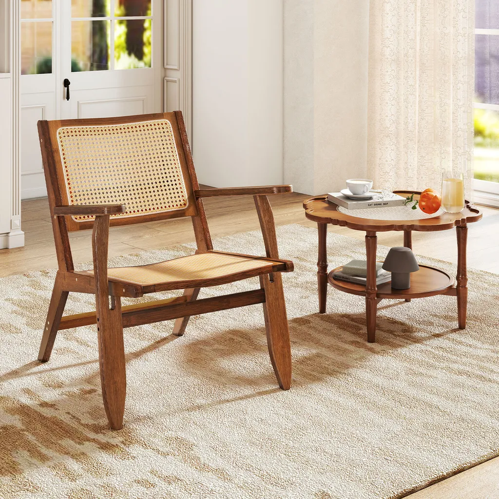 COSTWAY Fauteuil d'Accentuation en Rotin Naturel et Bois de Noyer