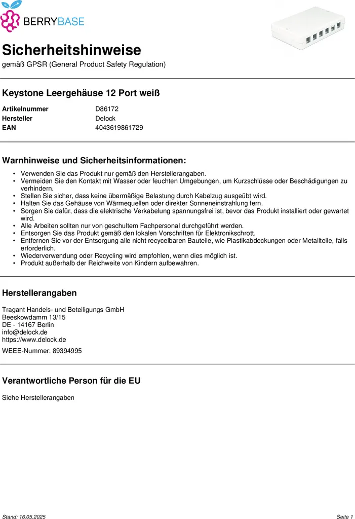 Boîtier Keystone 12 Ports Delock en Métal Robuste avec Support de Câbles