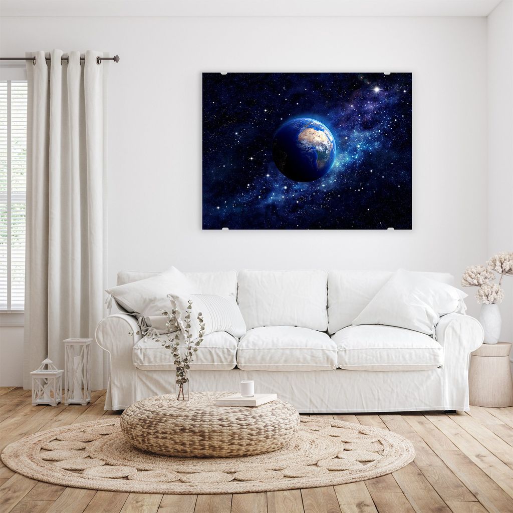 Glasbild Wandbild Planet Erde im Sternenfeld 100x75cm in XXL für Wohnzimmer, Schlafzimmer, Badezimmer, Flur