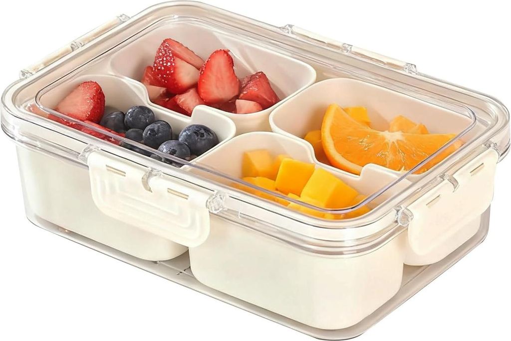 Snackbox mit F?chern, 4 F?chern Snackteller mit Deckel, Snackschale mit Griff, Tragbar und Vielseitige Snackbox Organizer, Kinder Obstbox Snackdose...