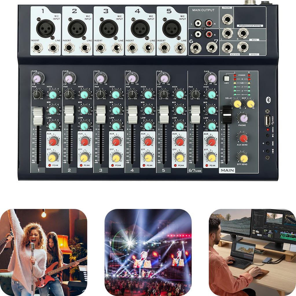 Professioneller Mixer, Professioneller Sound Mixer, 33 x 23 x 3.7cm 7-Kanal Sound Mixer für Band-/Bühnenauftritte, Bars