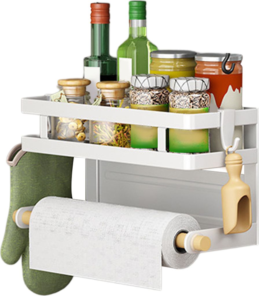 Heikoeco Hängeregal ,1 stöckiges magnetische Gewürzregale mit Küchenrollenhalter, Gewürzregal, Gewürz Organizer,weiß,30x11x16 cm