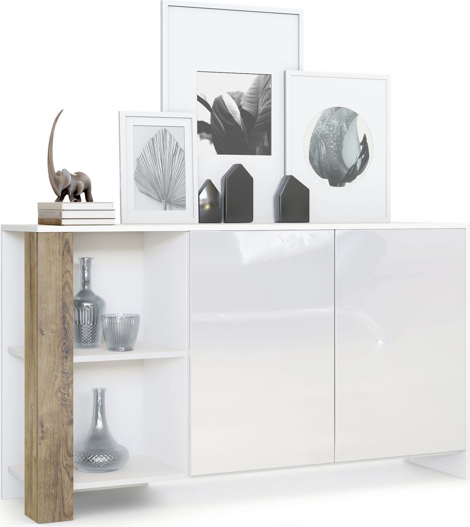 Vladon Sideboard Canto, Germany, lange Anrichte mit 2 Türen und 6 Fächern, Korpus Weiß matt, Fronten Weiß Hochglanz, Nachbildung-Paneele Eiche ...