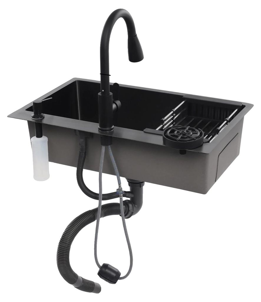 Küchenspüle, Ausziehbarer Wasserhahn, Langlebiges Edelstahl, schwarz