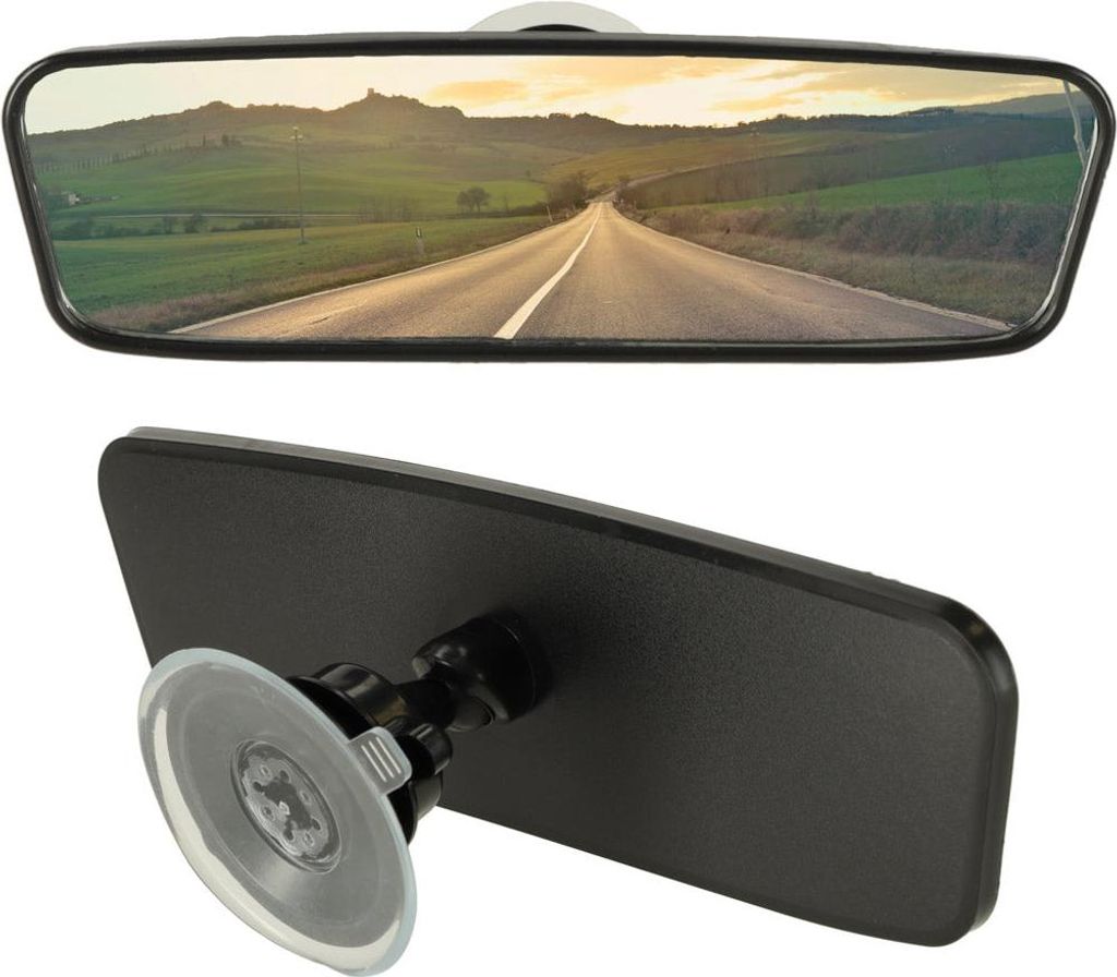 A rearview mirror for a car, shown from the front and back.