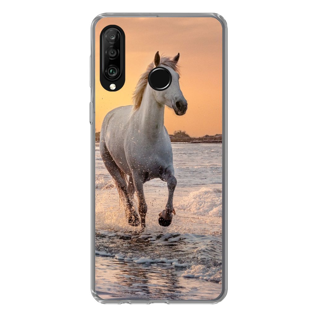 MuchoWow Handyhülle Schutzhülle Hülle für Huawei P30 Lite Pferde - Sonne - Meer - Strand - Tiere Silikon Softcase Handy Hülle - Handyhülle