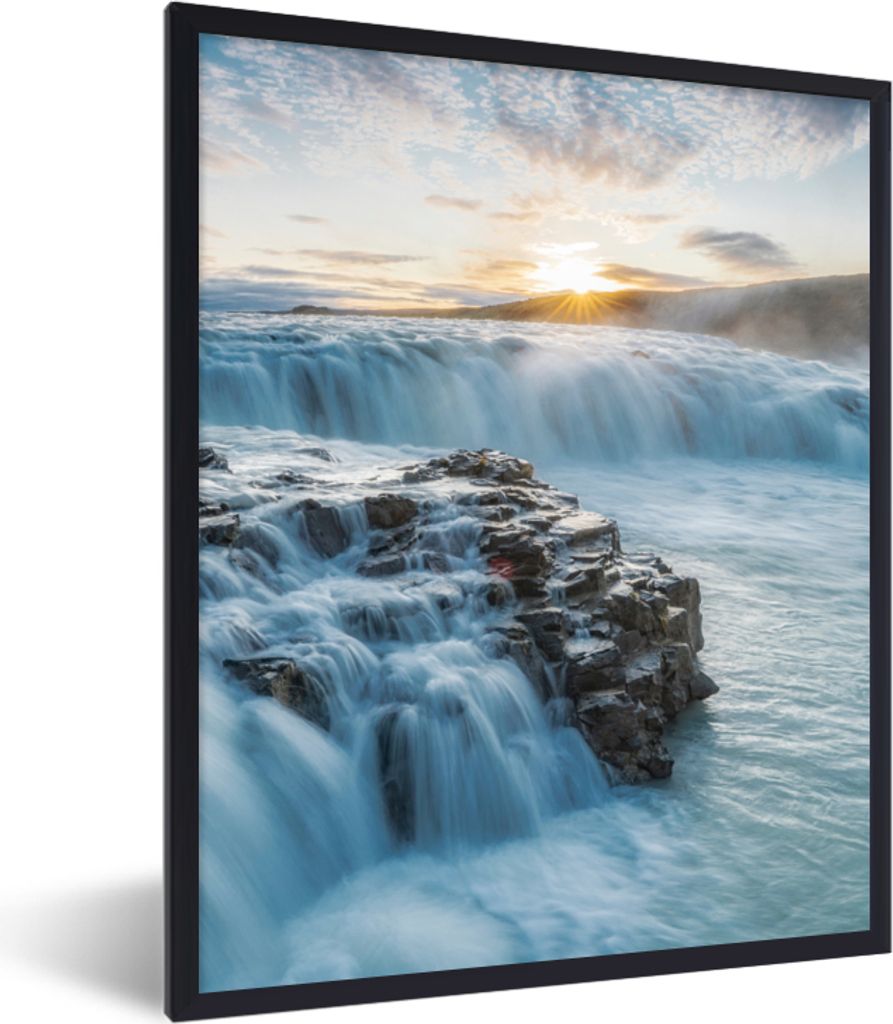 MuchoWow Gerahmtes Poster Wasserfall - Wasser - Steine - Sonne - Natur 30x40 cm - Poster mit Schwarzem Bilderrahmen Wandposter Rahmen Foto Bilder...