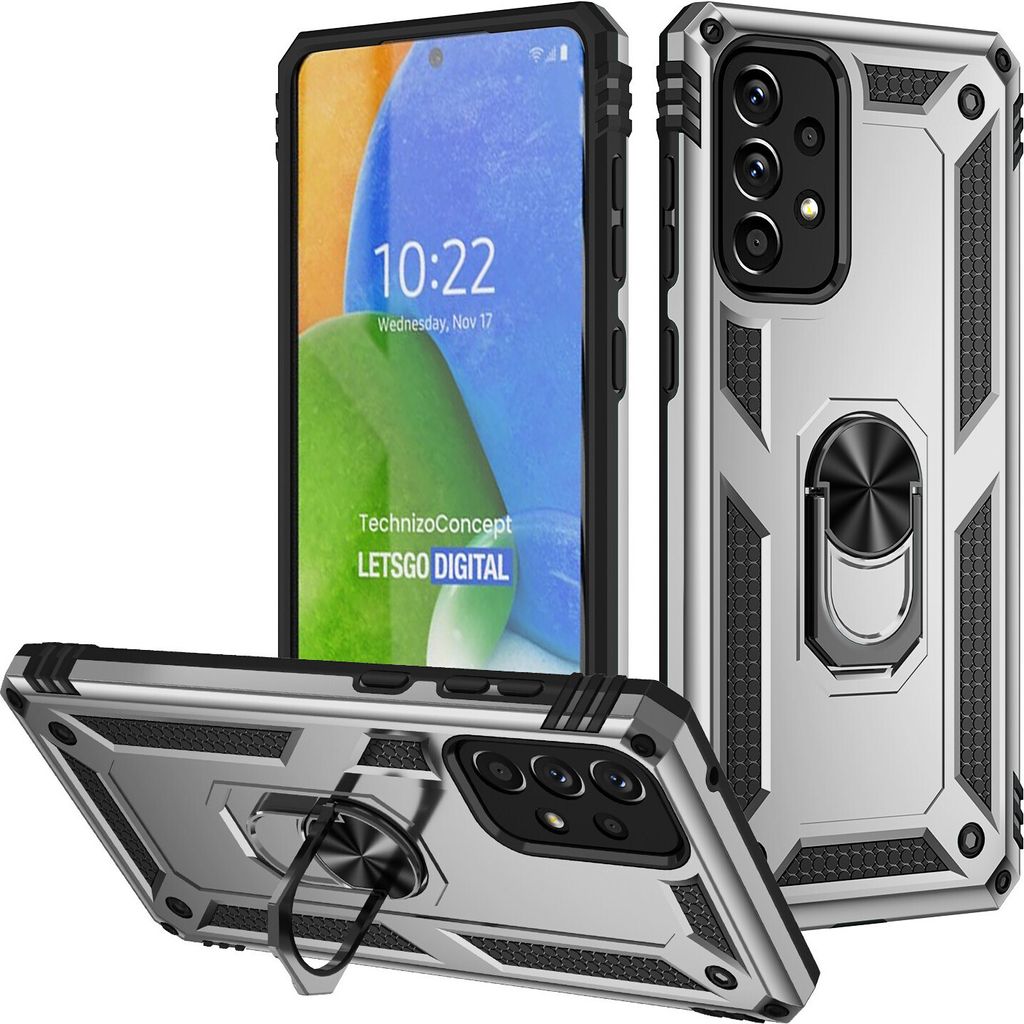 Galaxy A73 5G Hülle, Dual Layer Robust Militäre Schutzhülle mit Ringhalterung Ständer für Samsung Galaxy A73 5G Silber