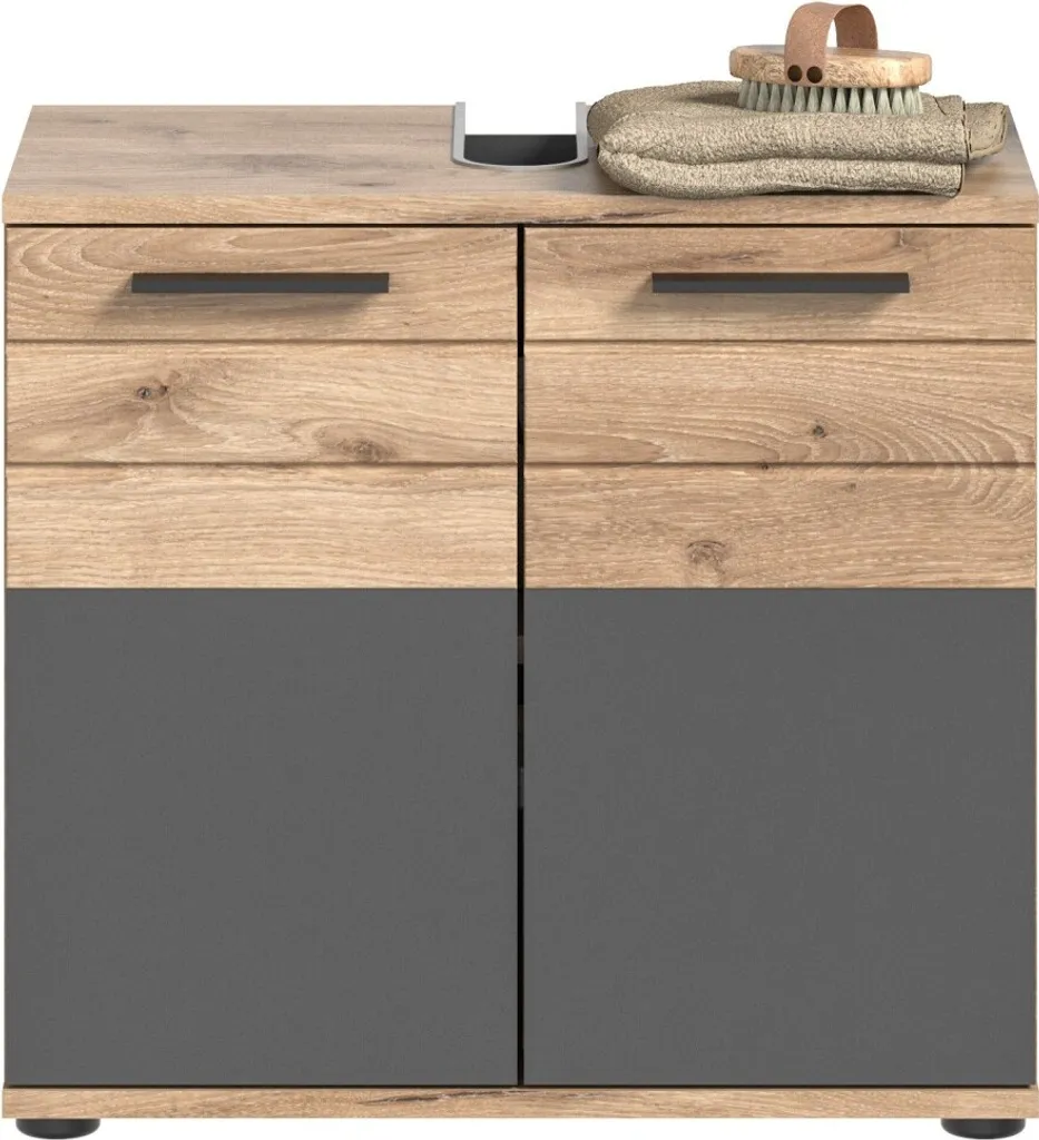 Ensemble salle de bain SEL meuble vasque et armoire LED gris et chêne - 2