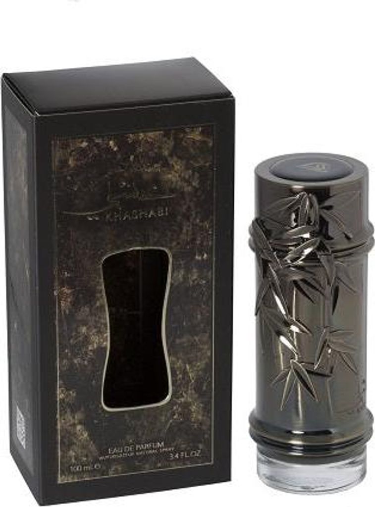A perfume bottle and its packaging are displayed against a white background.