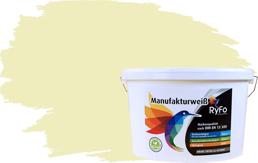 RyFo Colors Bunte Wandfarbe Manufakturweiß Leichtgelb 10l - weitere Grau Farbtöne und Größen erhältlich, Deckkraft Klasse 1, Nassabrieb Klasse 1