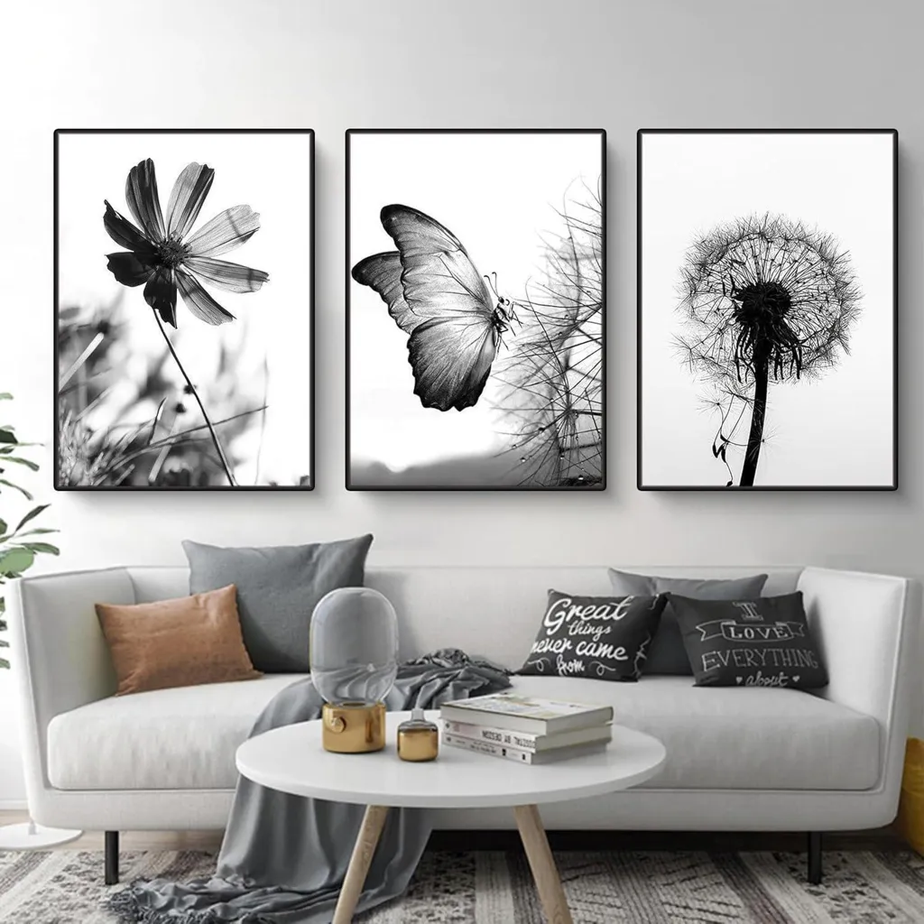 Lot 3 Affiches Papillons Design Minimaliste Noir et Blanc 40x50 cm