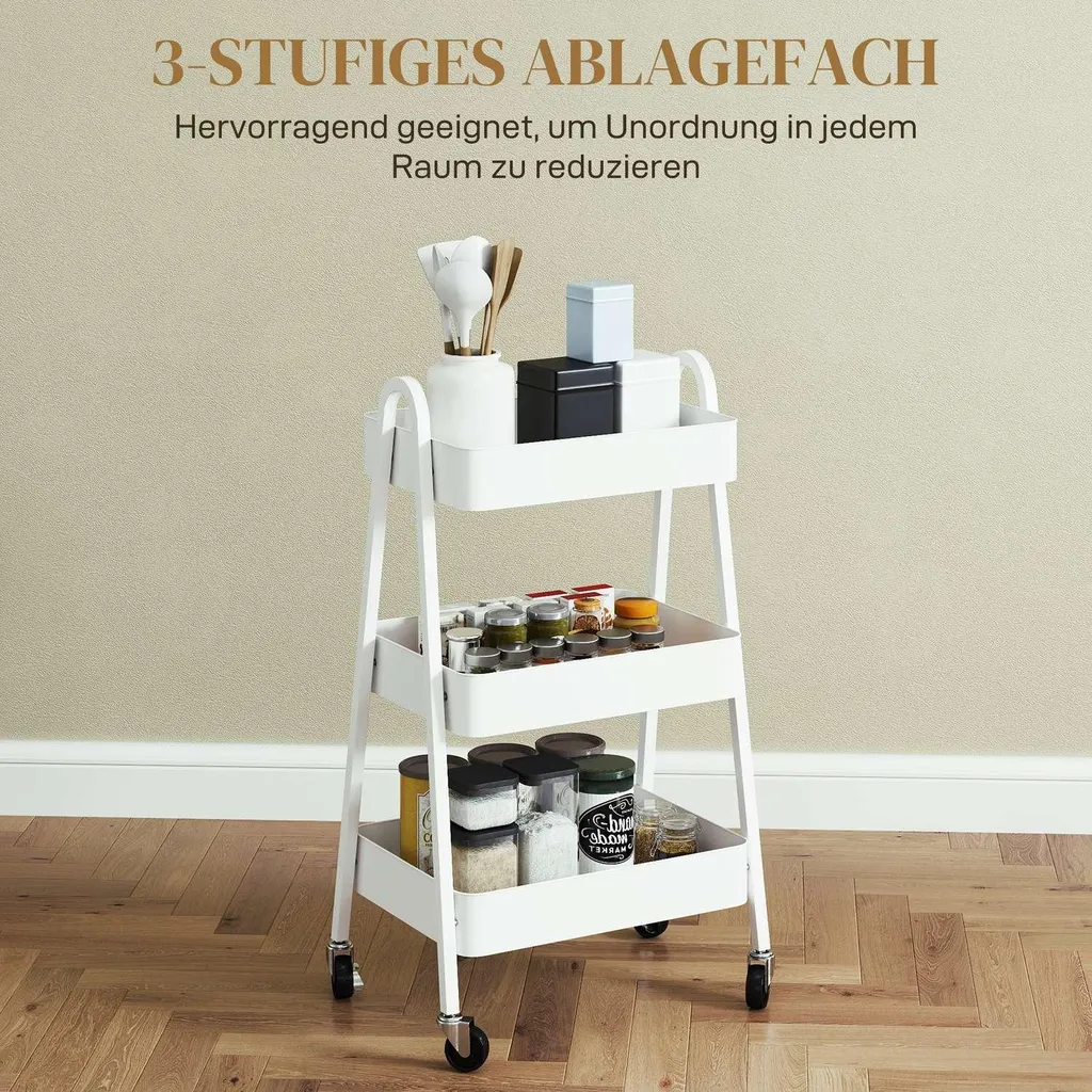 Carrello Portatutto A 3 Ripiani In Metallo - Con Ganci E Ruote Girevoli, Per Cucina, Bagno, Ufficio, 45x26x63 Cm, Nero