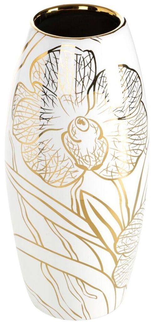 EUROFIRANY | Keramikvase - Vase - Blumenvase - weiß gold - Dekovase - 14x30cm - geblümt - aus Keramik -Tischvase