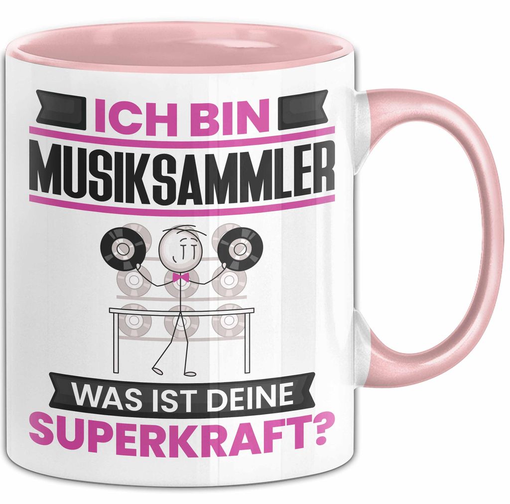 Musiksammler Tasse Geschenk für Musiksammler Geburtstag Lustiger Spruch Kaffee-Becher Was Ist Deine Superkraft (Rosa)