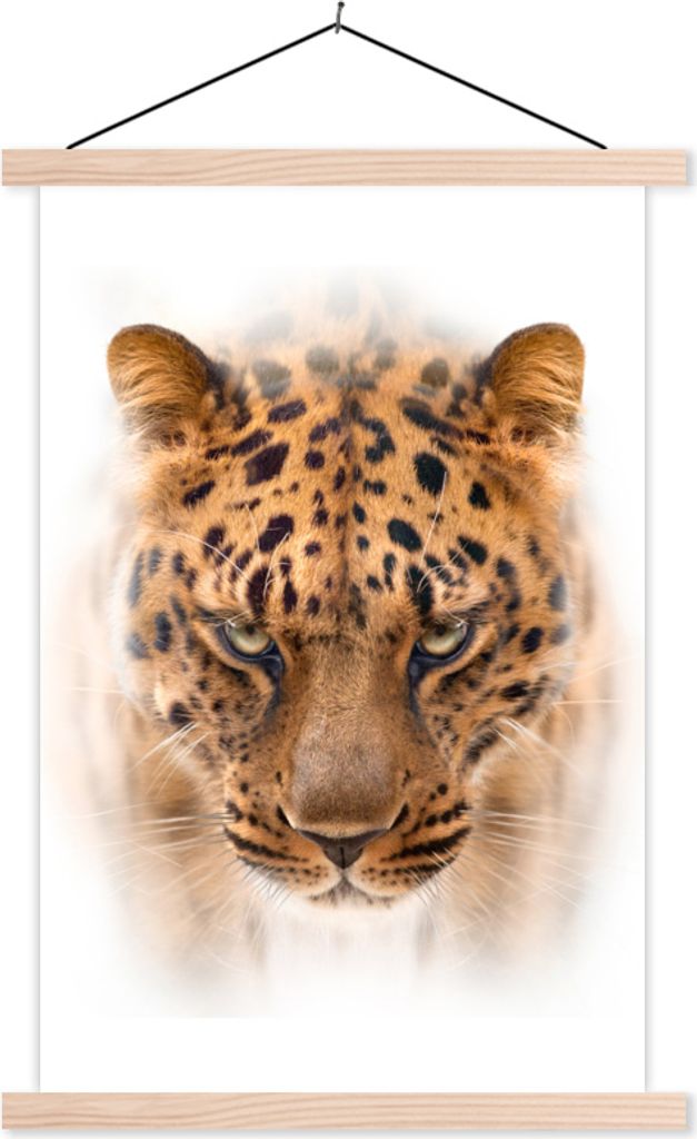 MuchoWow Textilposter Leopard - Kopf - Weiß 40x60 cm mit holzfarbenen Rahmen - Poster