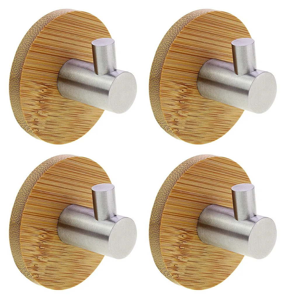 Lot de 4 crochets muraux en bambou autocollants pour serviettes de bain