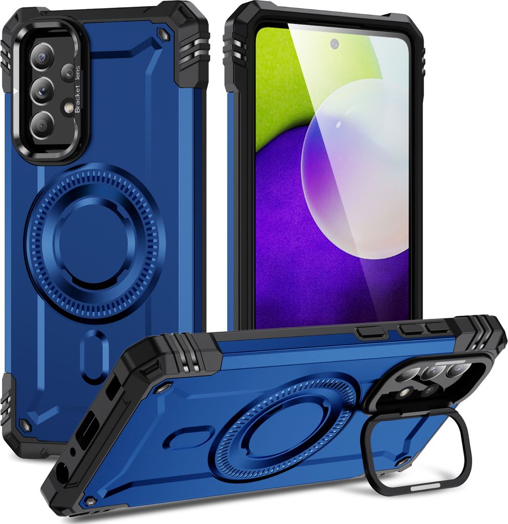 Magnetisch Hülle für Samsung Galaxy A52 / A52s 5G, Heavy Duty Militärischer Stoßfest Handyhülle Kamera-Ringständer Blau