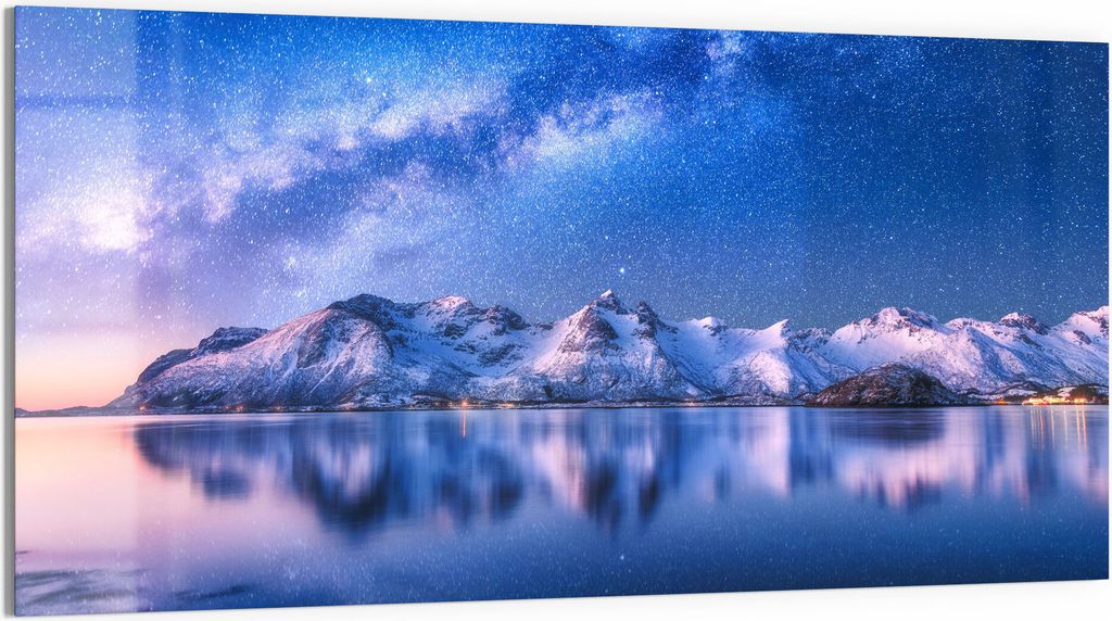DEQORI Glasbild Echtglas 100x50 cm 'Galaxis über Fjord' Wandbild Bild modern Deko