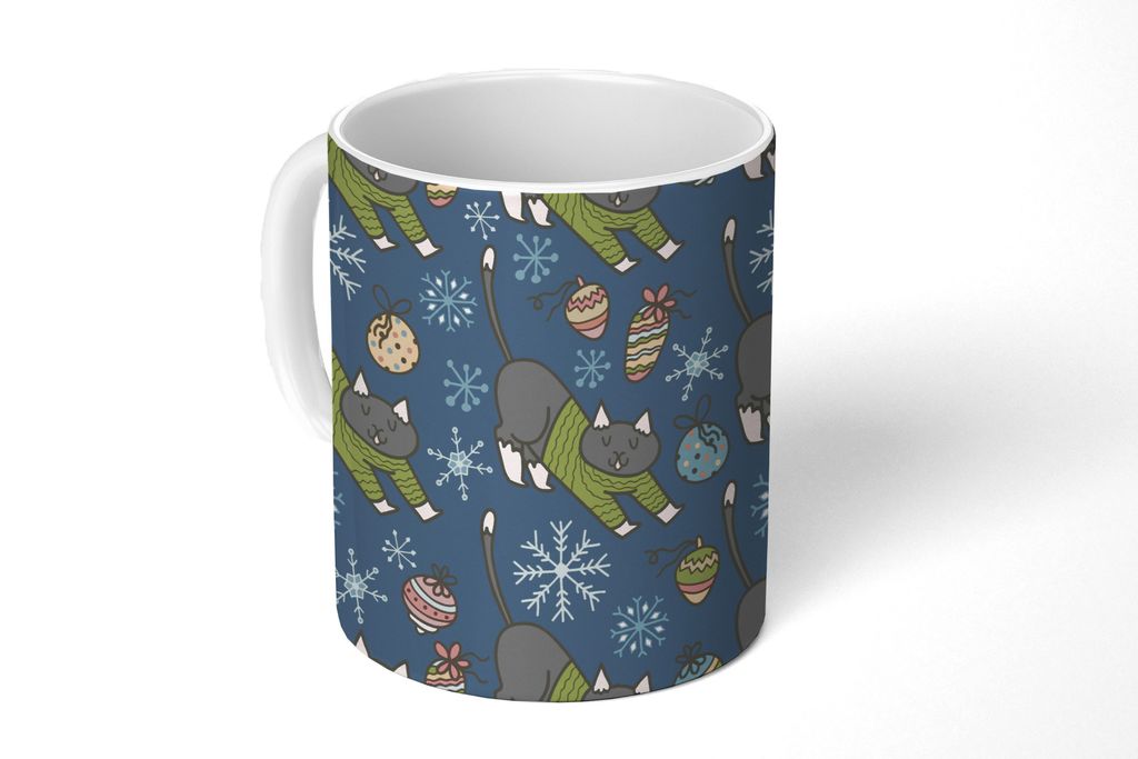 KitchenYeah Tasse Kaffeetasse Kaffeebecher 350 ml Katzen - Schnee - Weihnachtskugel - Muster Teetasse - Fototasse - Becher - Keramikbecher - Teeb...
