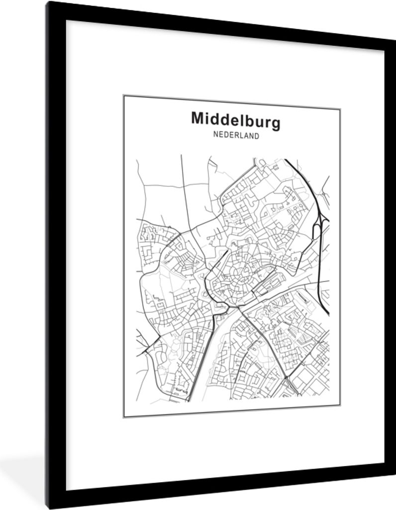 MuchoWow Gerahmtes Poster Stadtplan - Middelburg - Schwarz und weiß 60x80 cm - Poster mit Schwarzem Bilderrahmen Wandposter Rahmen Foto Bilder -...
