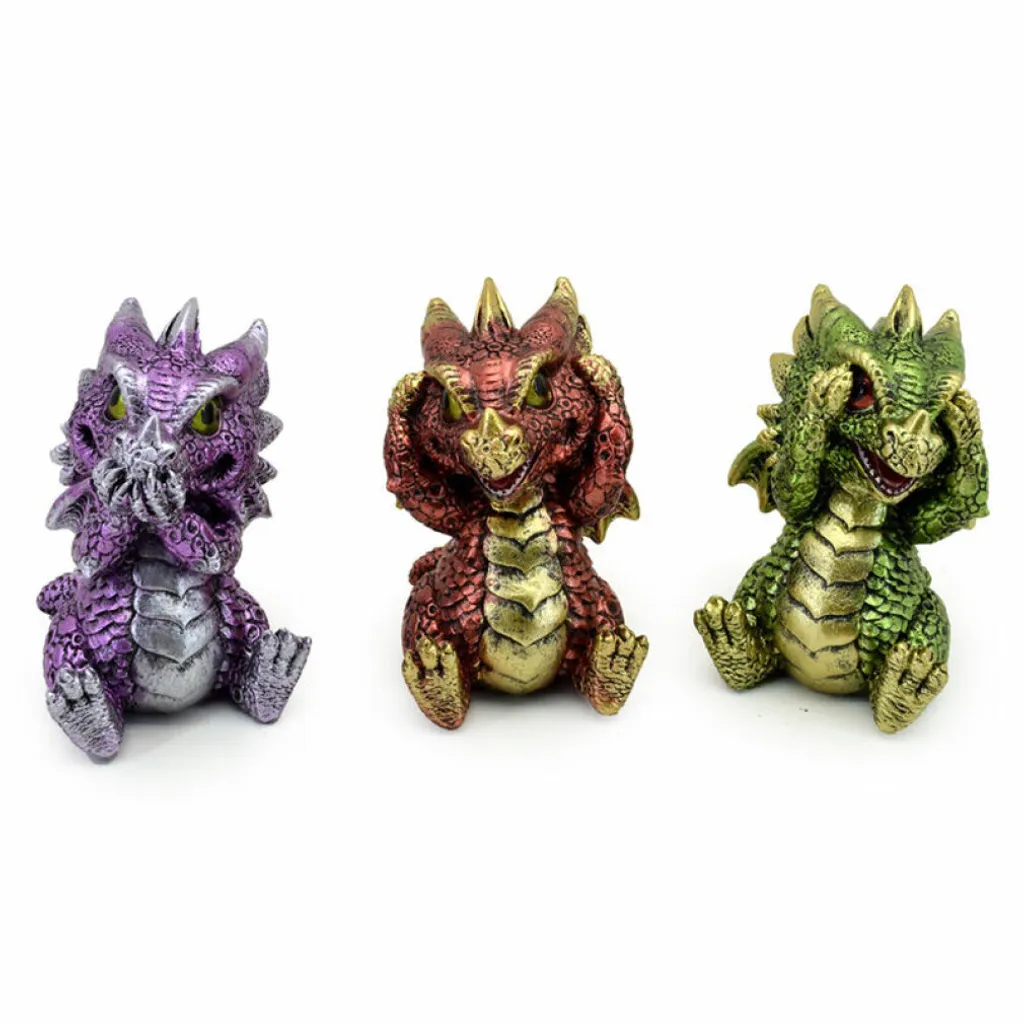 Bébé Dragon en Résine Effet Pierre - Trio Ne Rien Entendre Voir Dire