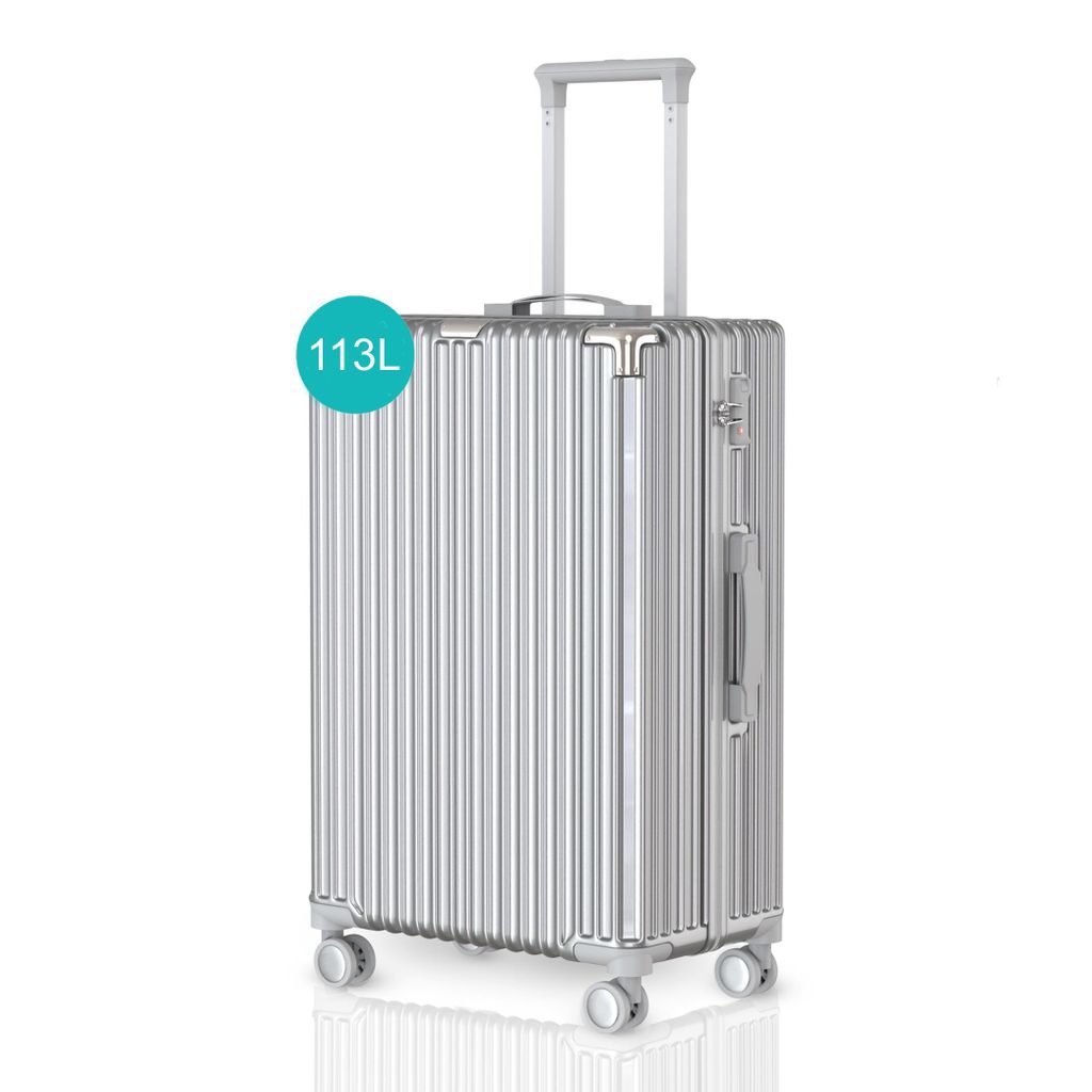 A silver suitcase on a white background.