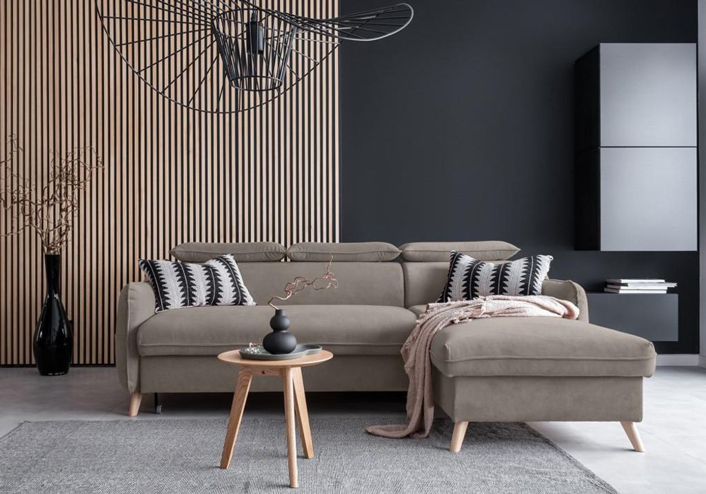 MIUFORM Sweet Harmony - Ecksofa mit Bettfunktion und Bettkasten L-FORM RECHTS - 228x162cm - Velours Dunkelbeige - Sofa Schlafsofa Couch
