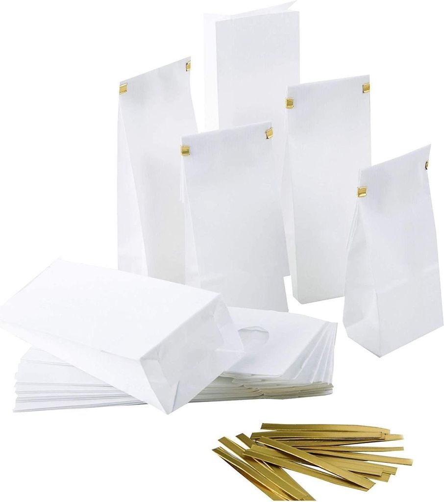 Weiße Blockbodenbeutel mit Sichtfenster + Verschluss – 7 x 20,5 cm – lebensmittelechtohne Fenster, mit Clips / 10 Stück