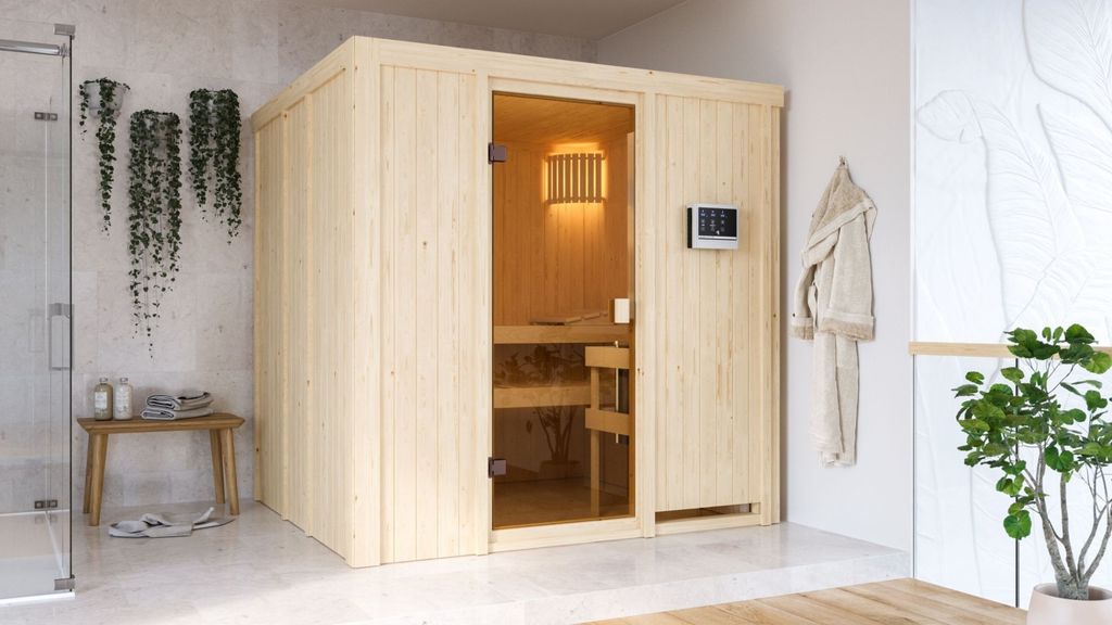 Karibu Sauna Innensauna Tromsö Fronteinstieg Ofen 9 KW externe Strg easy 196x178x198 cm ohne Dachkranz
