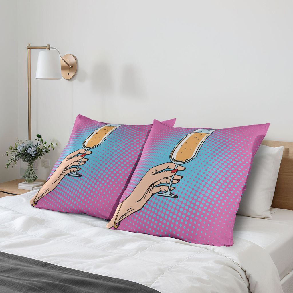 ABAKUHAUS Alkohol Kissenbezug Packung mit 2, Pop-Art-komisches Art-Bild der Frau ein Champagner-Glas an der Feier-Partei halten, Dekorativer Gedruc...