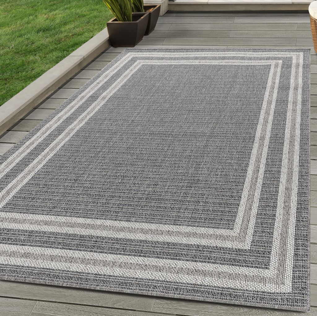 In & Outdoor Teppich Bordüre Design Wetterfest für Terrasse Balkon Küche, Farbe:Grau, Grösse:80x250 cm
