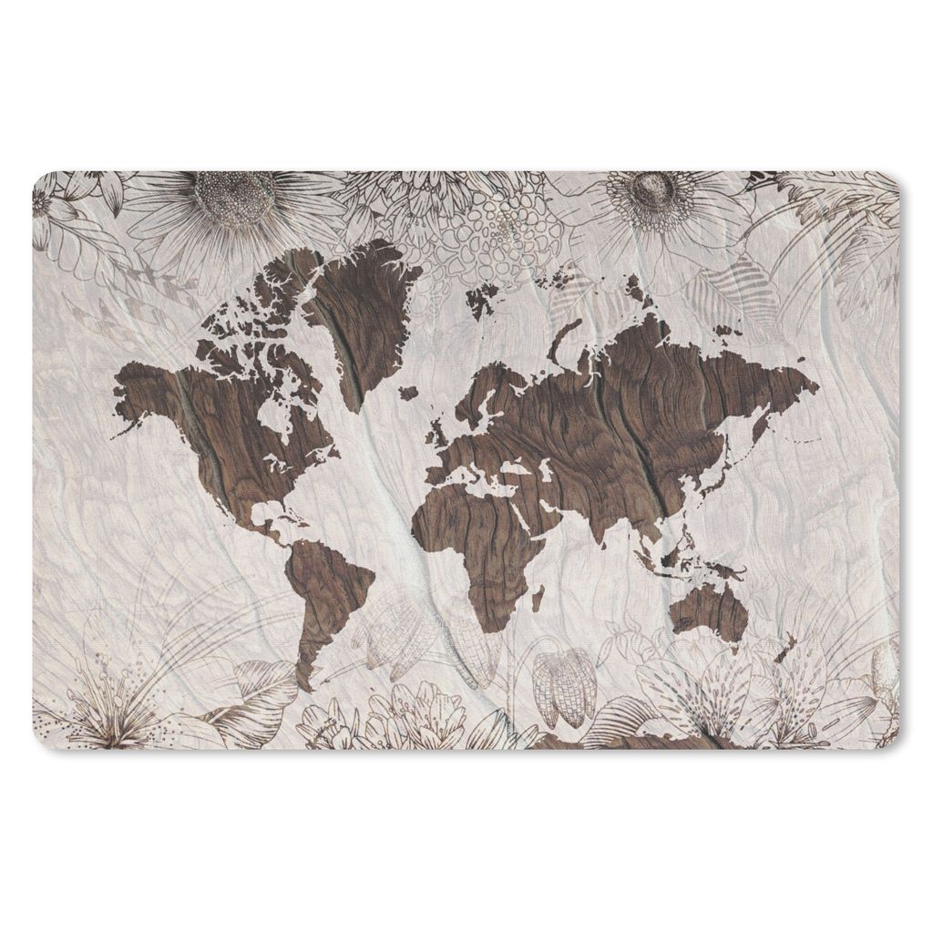 MuchoWow Schreibtischunterlage Weltkarte - Holz - Blumen 60x40 cm - XXL Mauspad - Großes Mauspad