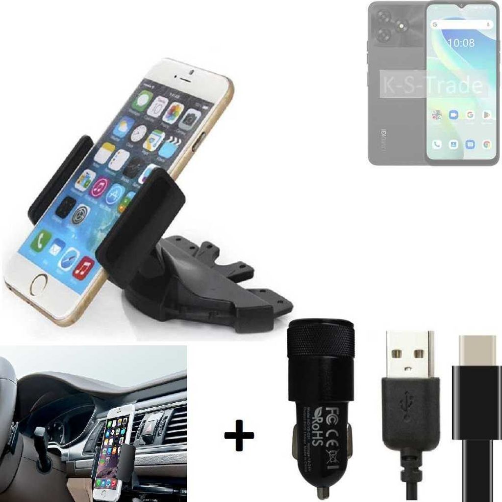 K-S-Trade CD Schlitz Handy-Halterung kompatibel mit UMIDIGI G5 Autohalterung KFZ-Halter Radio Handy Halterung 360° drehbar CD-Schacht inkl. USB-C