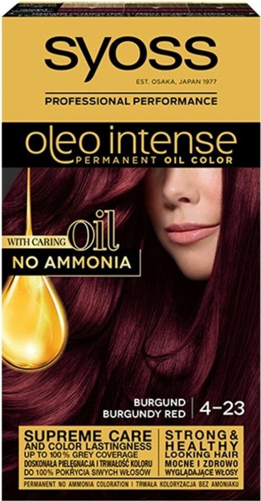 A box of Syoss Oleo Intense permanent hair color in Burgundy Red.