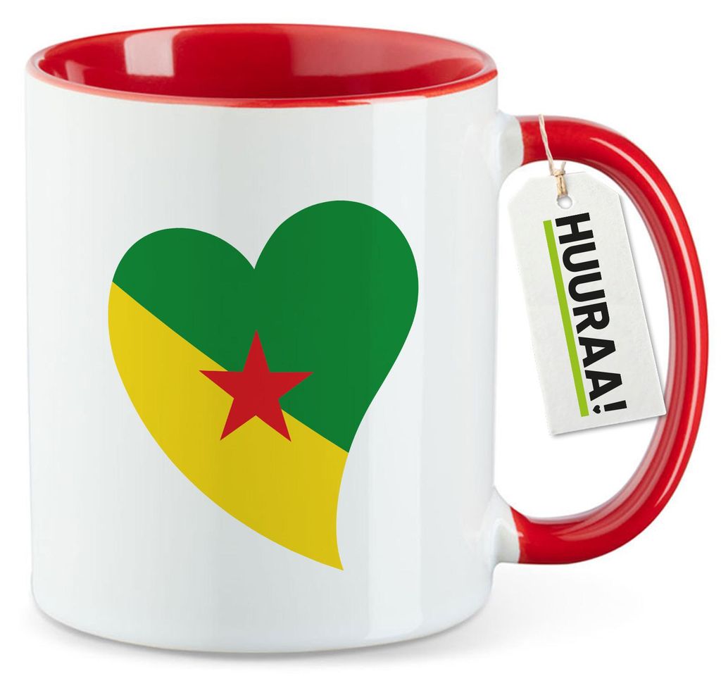 Huuraa Kaffeetasse Französisch-Guayana Flagge Herz 330ml Rot Keramik Kaffeebecher Geschenkidee
