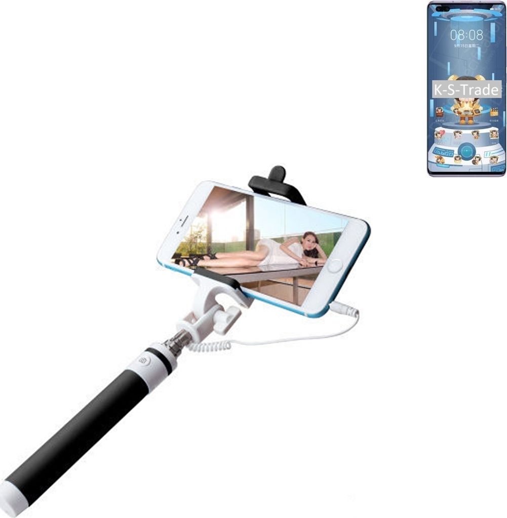 K-S-Trade Selfie Stick kompatibel mit HTC Wildfire E3 Selfiestick kabelgebunden Monopod mit Kabel Stab Stange Selfportrait Handheldstick schwarz 1x