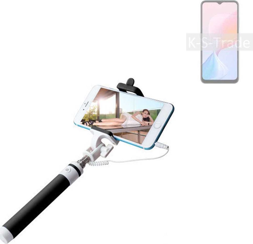 K-S-Trade Selfie Stick kompatibel mit Blackview A85 Selfiestick kabelgebunden Monopod mit Kabel Stab Stange Selfportrait Handheldstick schwarz 1x
