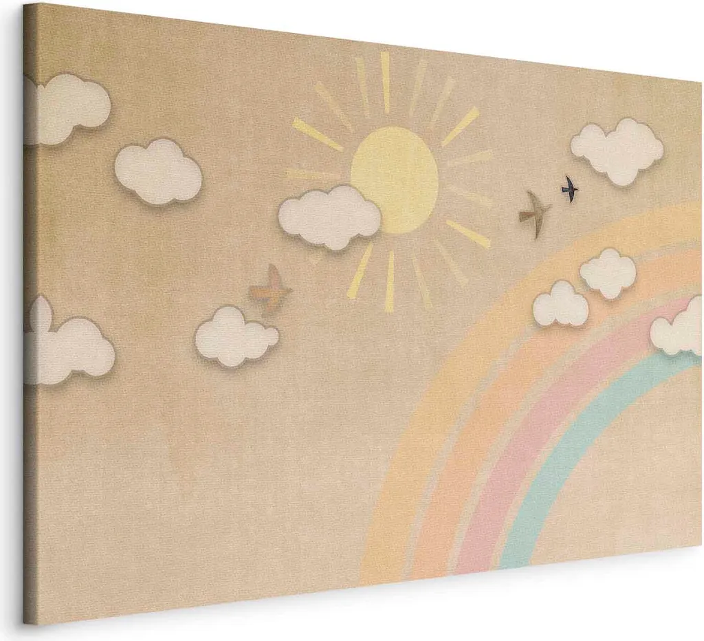 Quadro Cameretta 120x80 Arcobaleno e Uccellini - Tela Regalo Perfetto